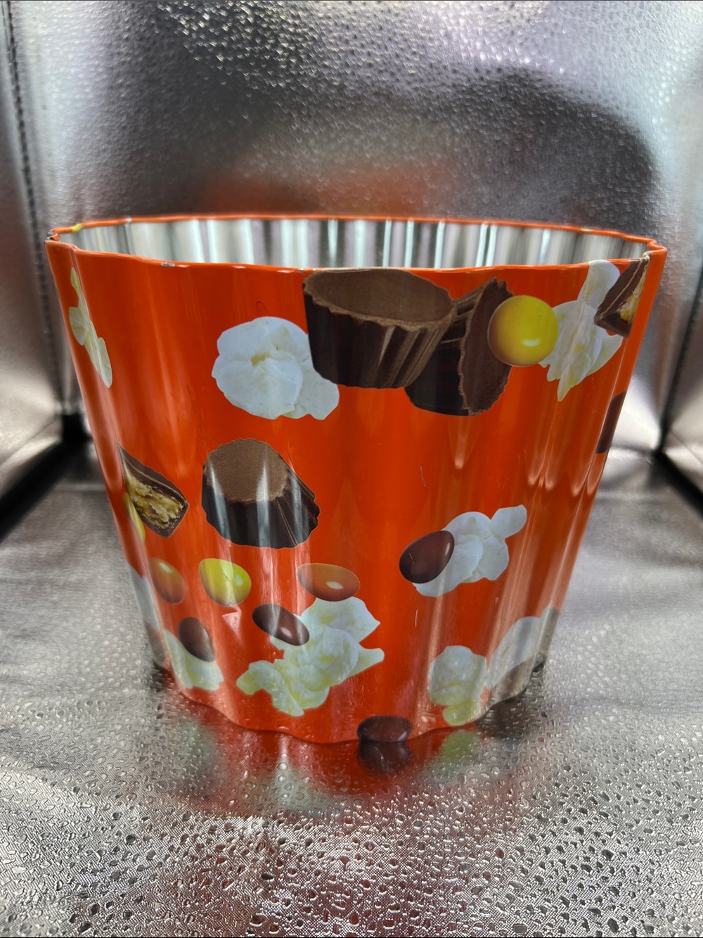 Reese’s Popcorn Tin in Bright Orange, great for treats or movie night.